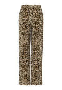 Byxor med leopardmönster i beige och svart, med elastisk midja och rak benform, tillverkade av ett mjukt, texturerat tyg.