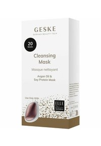 Reinigingsmasker doos met 20 stuks, witte achtergrond, gouden accenten, bevat arganolie en soja-eiwit, inclusief applicator ontwerpdetails.