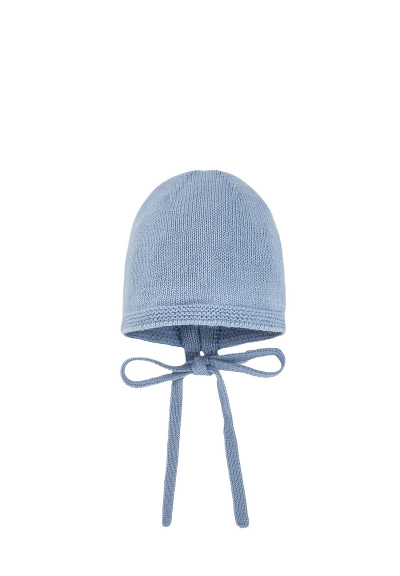 Bonnet tricoté bleu clair avec des liens, forme arrondie, tissu texturé et bord côtelé à la base pour un ajustement sécurisé.