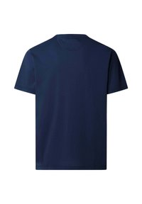 Camiseta azul marino de manga corta mostrada desde atrás con cuello redondo y diseño liso.