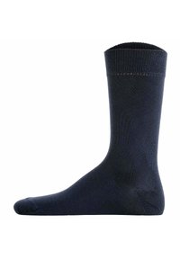 Dunkelblauer Socke aus glattem Stoff, mit einem gerippten Bündchen oben, einer verstärkten Ferse und einem nahtlosen Zehendesign.