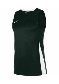 Top atletico verde senza maniche con pannello laterale bianco, design a scollo a V, realizzato in tessuto traspirante, con un piccolo logo Nike sul davanti.
