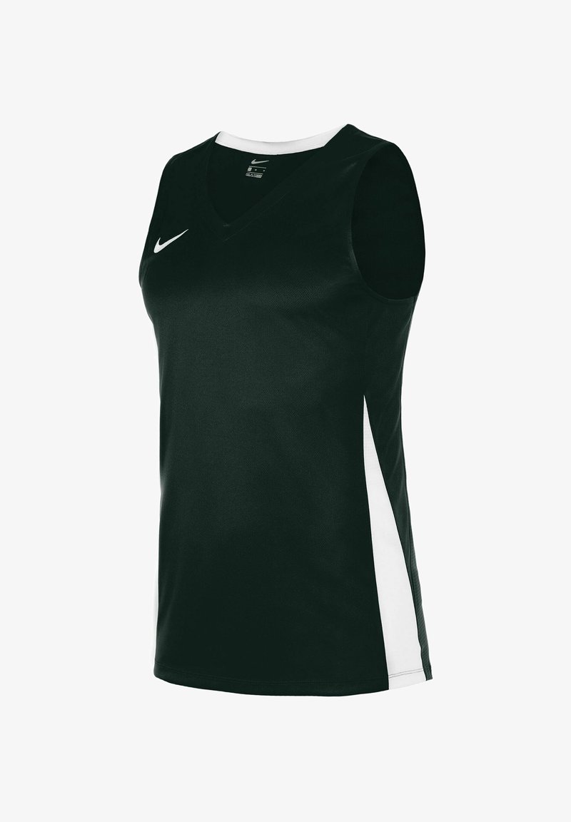 Groene mouwloze sporttop met witte zijpanelen, v-hals ontwerp, gemaakt van ademend materiaal, met een klein Nike-logo op de voorkant.