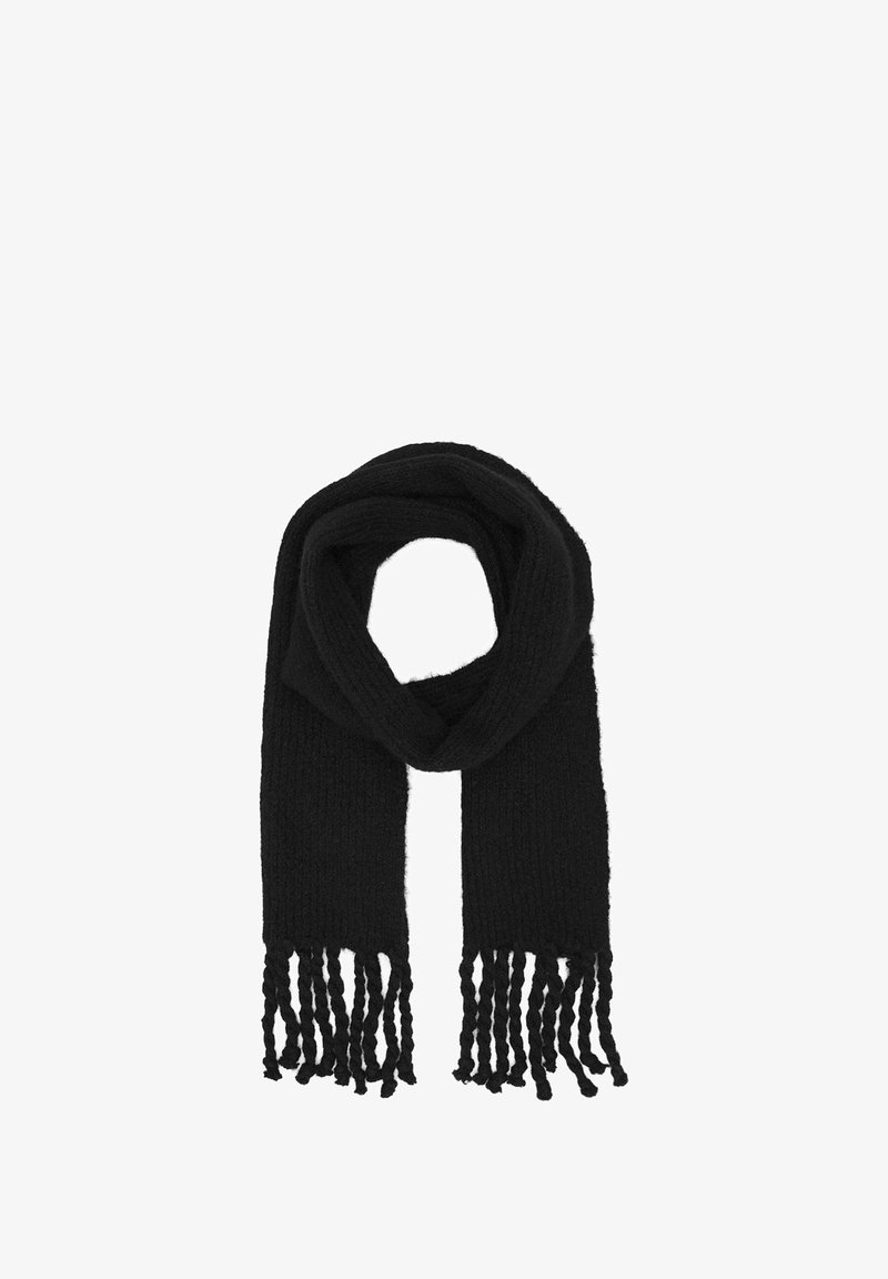 Sort strikket tørklæde med en tekstureret finish, der har snoet frynser i begge ender, designet til varme og alsidighed.