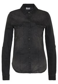 Schwarzes Denim-Hemd mit Button-Down-Kragen, zwei Brusttaschen und langen Ärmeln. Verfügt über ein leicht tailliertes Design und einen abgerundeten Saum.