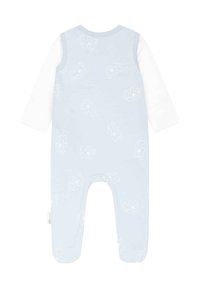 Helles blaues Baby-Overall mit langen weißen Ärmeln, der kleine weiße Elefantenumrisse als wiederholendes Muster zeigt. Aus weichem, Baumwollmaterial.