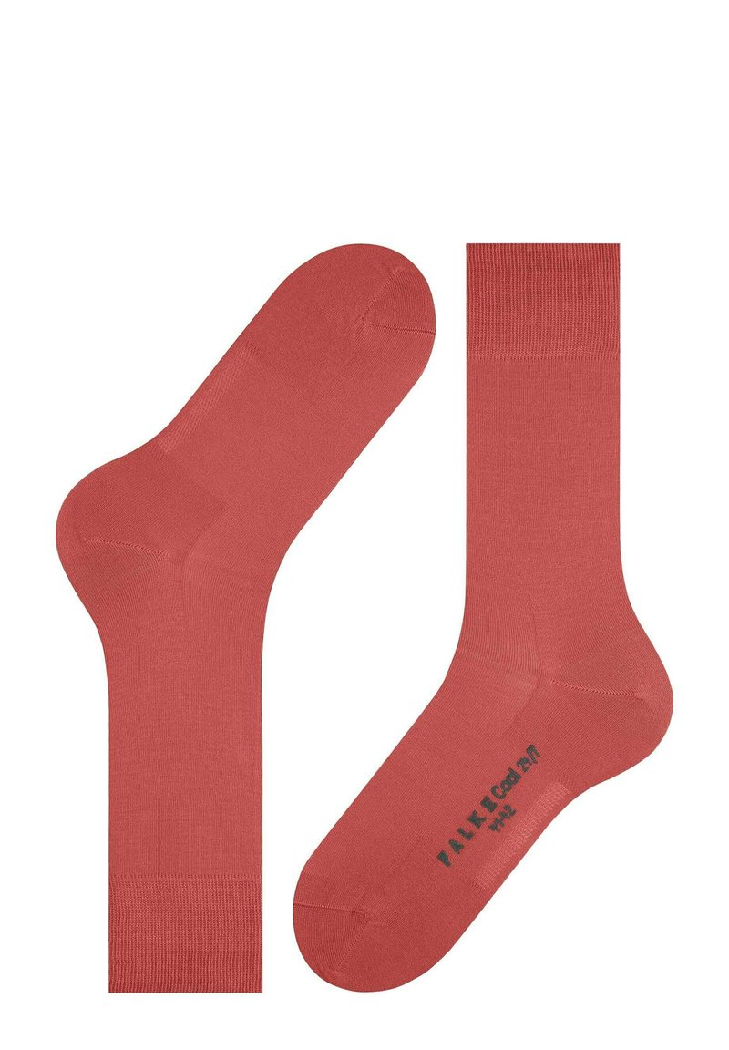 Korallenfarbene Baumwollsocken mit glatter Textur, ausgestattet mit einem gerippten Bund und gestempeltem Branding an der Sohle. Klassisches Design in knöchellanger Ausführung.