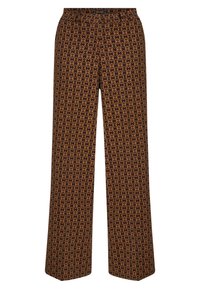 Vida byxor med vid ben som har ett geometriskt mönster i brunt och orange, tillverkade av ett lätt tyg med en slät textur.