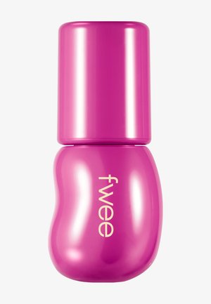 Flacon de vernis à ongles rose vif et brillant avec des bords arrondis et "fwee" écrit en lettres blanches minuscules sur le devant.