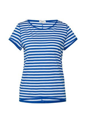 T-shirt met korte mouwen met blauw-witte horizontale strepen en een ronde hals, met een merkembleem aan de binnenkant van de kraag.