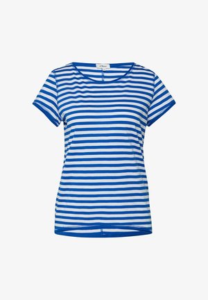 T-shirt met korte mouwen met blauw-witte horizontale strepen en een ronde hals, met een merkembleem aan de binnenkant van de kraag.