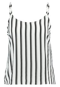 Top in camicia a righe bianche e nere con spalline sottili, realizzato in tessuto leggero. Taglio dritto e trama sottile su tutta la superficie.