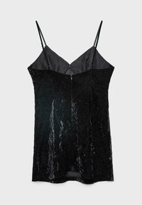 Schwarzes Top mit taillierter Silhouette, aus strukturiertem Stoff gefertigt. Es verfügt über dünne, verstellbare Träger und ein glattes, satinähnliches Oberteil.