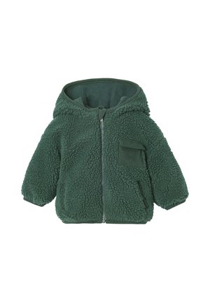 Green fleece jacket with a hood, zip closure, and front pocket. Textured exterior, soft lining, and ribbed cuffs.