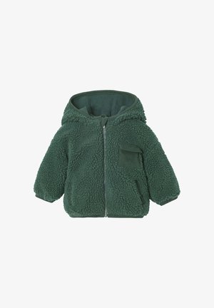 Grüne Fleecejacke mit Kapuze, Reißverschluss und Fronttasche. Strukturiertes Äußeres, weiche Innenausstattung und gerippte Bündchen.