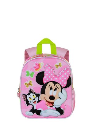 Mochila infantil rosa con un personaje de dibujos animados que tiene un lazo de lunares, rodeado de mariposas y un gráfico de un gato. Incluye detalles en verde.