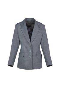 Grijze blazer met een gestructureerd patroon, notched lapels, vier knopen en twee voorkeurszakken. Voering van een donkerder stof.