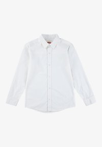 Camicia bianca a maniche lunghe in cotone, con colletto button-down, bottoni frontali e un piccolo logo etichetta sul petto.