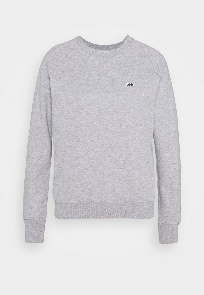 Felpa grigia con colletto classico e maniche raglan, caratterizzata da un piccolo logo nero "Lee" sul lato sinistro del petto. Realizzata in un tessuto morbido.