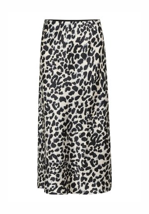 Leopardi mustriga midi seelik, mis on valmistatud siledast kangast. Omab julgeid musti laike kreemjal taustal, elastse vöökoha ja sirge lõikega.