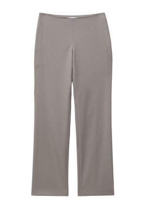 Grå bukser med lige ben og mellem talje, uden synlige lommer eller pynt, lagt fladt på en hvid baggrund.