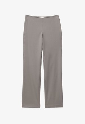 Grå bukser med lige ben og mellem talje, uden synlige lommer eller pynt, lagt fladt på en hvid baggrund.