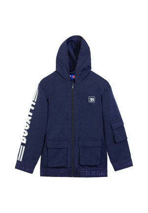 Navy blue zip-up hoodie with hood, front flap pockets, “Bugatti” text on left sleeve, and small Bugatti logo on left chest.