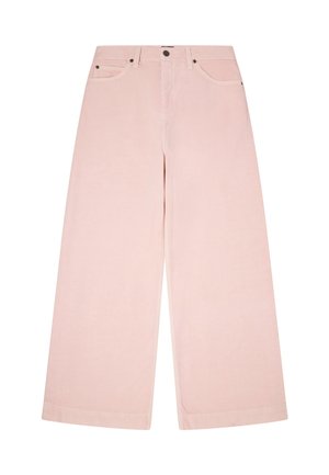 Pantalon rose pâle à jambes larges avec fermeture à boutons et zip sur le devant, passants pour ceinture et poches frontales, présenté sur un fond blanc.