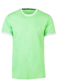 Lichtgroene katoenen t-shirt met een ronde hals, witte rand op de mouwen en kraag, en een klein logo op de borst.