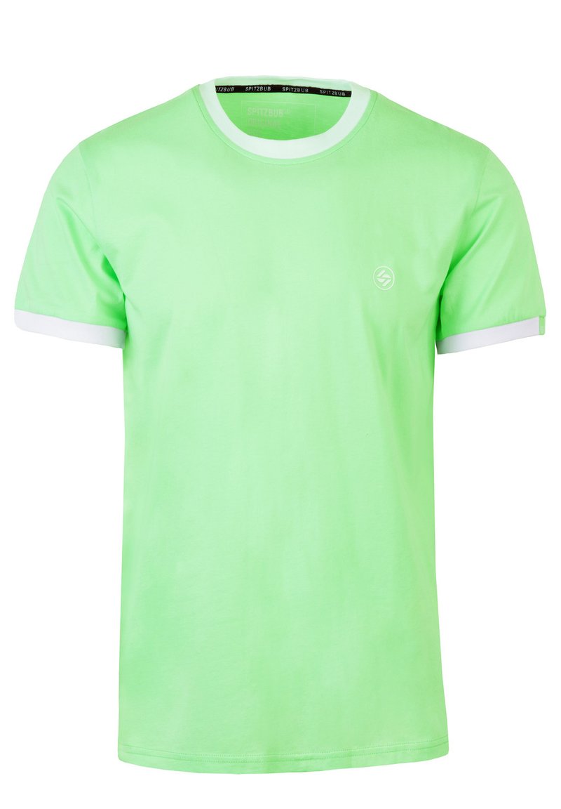 Lichtgroene katoenen t-shirt met een ronde hals, witte rand op de mouwen en kraag, en een klein logo op de borst.