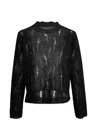 Zwarte gebreide trui met een cropped snit, voorzien van een losse weving, versleten details en lange mouwen. De achterkant toont de open structuur.