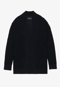 Schwarze Strickjacke mit strukturiertem Finish, featuring gerippte Bündchen und ein offenes Frontdesign, das eine entspannte Silhouette zur Schau stellt.