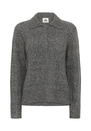 Gray knitted sweater with a collar, featuring a three-button placket and long sleeves. Soft texture and a slightly loose fit.