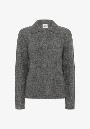 Šedý pletený sveter s golierom, s trojkbuttonovou légou a dlhými rukávmi. Mäkká textúra a mierne voľný strih.