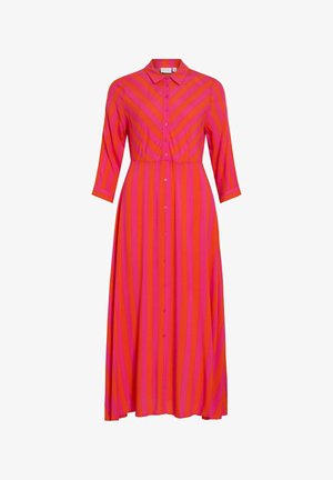 Ilga rožinė suknelė su ryškiomis raudonomis vertikaliomis juostomis. Su apykakle ir trijų ketvirčių rankovėmis, bei laisvai krentančia suknele.