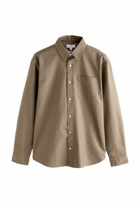 Camisa de manga larga en algodón marrón tierra, con cierre de botones en el frente, cuello puntiagudo y un bolsillo en el pecho. Textura suave.