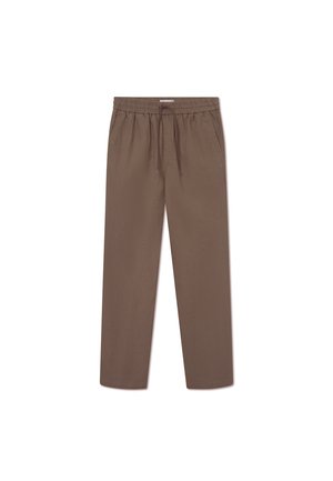 Brown, loose-fit trousers made from lightweight fabric. Features an elastic waistband with drawstring, side pockets, and straight legs.
