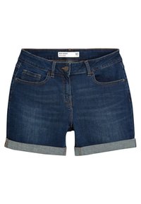 Tummansiniset farkkshortsit, joissa on keskipituinen vyötärö, käänteet lahkeissa, etupainike ja taskut.