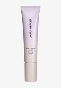 Tube dégradé violet avec base blanche, étiqueté "Laura Mercier Pure Canvas Primer Blurring Floutant." Texture lisse, design minimaliste.