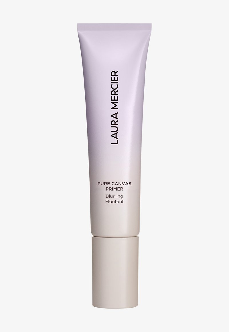 Tube dégradé violet avec base blanche, étiqueté "Laura Mercier Pure Canvas Primer Blurring Floutant." Texture lisse, design minimaliste.