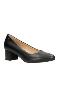 Décolleté in pelle nera con punta tonda e tacco a blocco. L'interno presenta una fodera morbida e un design perforato per il comfort.