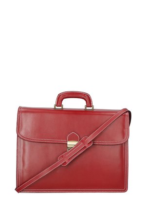 Rote Lederaktentasche mit strukturierter Form, Obertragegriff, verstellbarem Schultergurt und weißen Nähten. Metallverschluss zum Schließen.