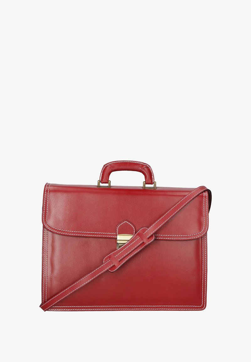 Attaché en cuir rouge au design structuré, avec une poignée supérieure, une bandoulière réglable et des coutures blanches. Fermeture à verrou métallique.