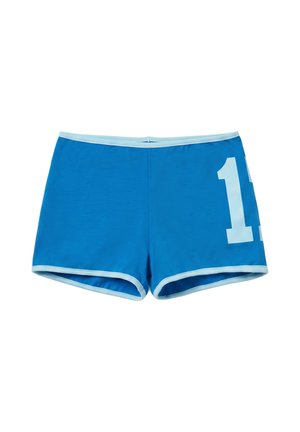 Siniset uimashortsit vaaleansinerein reunuksin ja suuri valkoinen numero "11" painettuna oikeaan lahkeeseen.