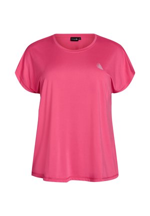 Camiseta deportiva de manga corta para mujer en color rosa brillante con cuello redondo y pequeño logo blanco en el pecho izquierdo.