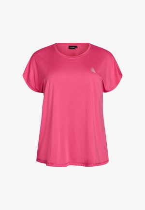 Jasnoróżowa, sportowa koszulka damska z krótkim rękawem, okrągłym dekoltem oraz małym białym logo na lewej piersi.