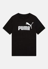 Czarna bawełniana koszulka z krótkim rękawem, z dużym białym logo "PUMA" oraz grafiką skaczącego pumy po lewej stronie.