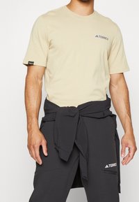 Beige T-shirt med korte ærmer og rund hals samt en blå TERREX-logo. Mørkegrå bukser med lommer og Adidas-mærke på benet.