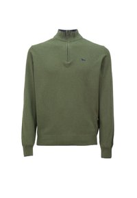 Zielony sweter z półzamkiem, z prążkowanymi mankietami i dołem, z małym niebieskim logo na klatce piersiowej. Miękka tekstura, casualowy design.