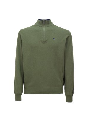 Pull en laine vert, avec un col zippé mi-hauteur, des poignets et un ourlet côtelés, orné d'un petit logo bleu sur la poitrine. Texture douce, design décontracté.